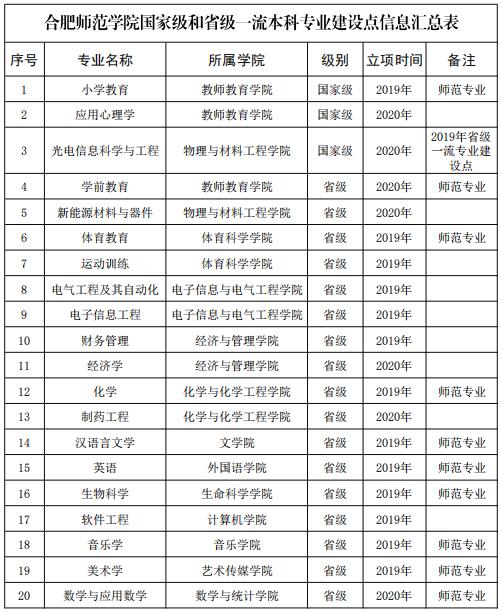 合肥师范学院一流本科专业建设点名单（国家级 省级）