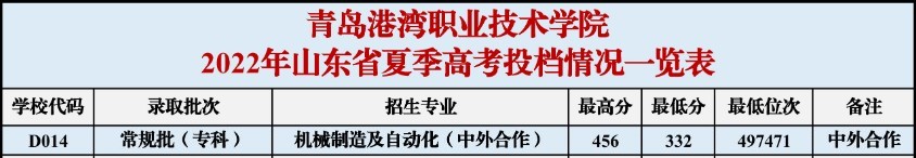 2023青岛港湾职业技术学院中外合作办学分数线（含2021-2022历年）